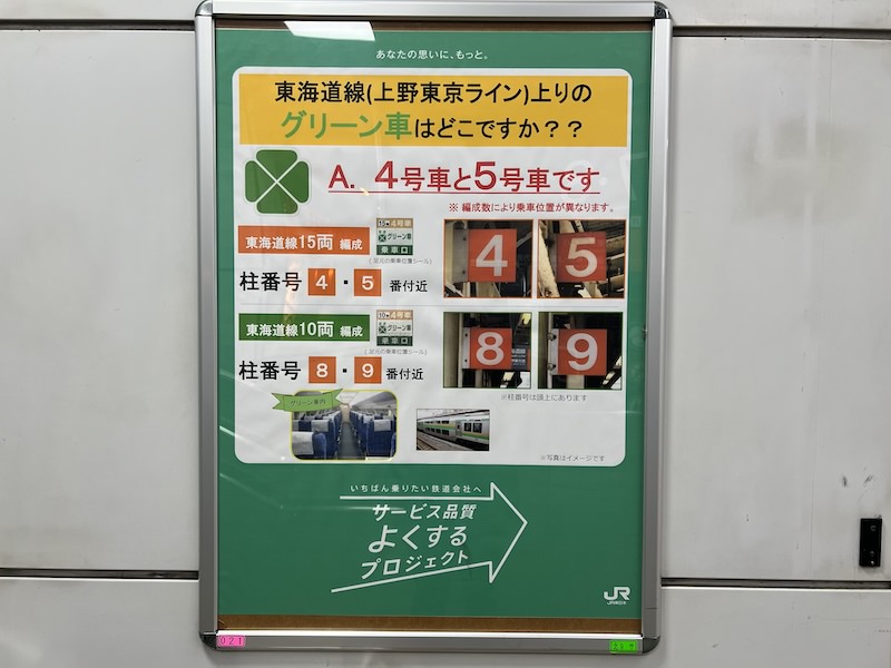 横浜駅に掲示されている上野東京ライン（東海道線）グリーン車の乗車位置案内