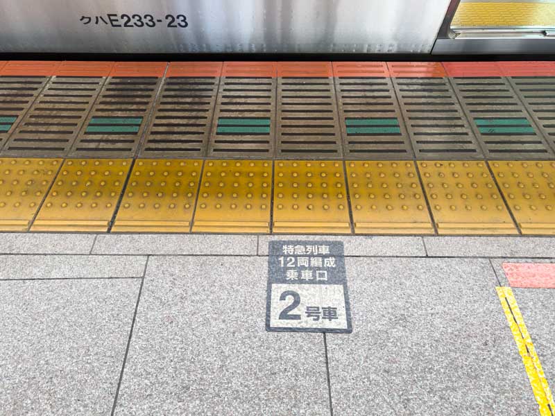 東京駅 中央線1・2番線ホーム特急列車の足元案内